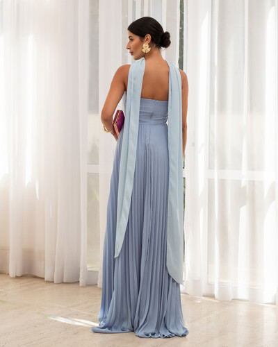 FotoVestido de Festa Longo Tomara que Caia Plissado com Lenço Azul Serenity