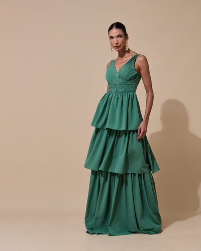 Foto Vestido de Festa Longo Decote V Crepe Chiffon Plissado Camadas Babado Verde Macha Escuro