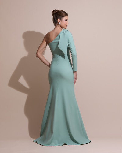 FotoVestido de Festa com Laço de Um Ombro em Alfaiataria Fenda Verde Menta