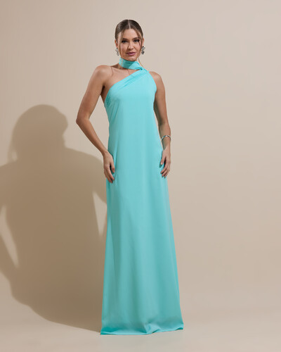 Foto Vestido de Festa Longo Crepe Chiffon Um Ombro Só Drapeado Tiffany