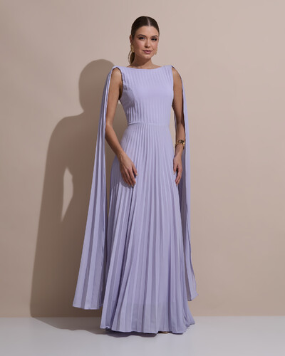 Foto Vestido de Festa Longo Crepe Chiffon Plissado com Lenço nas Alças Lilás Claro
