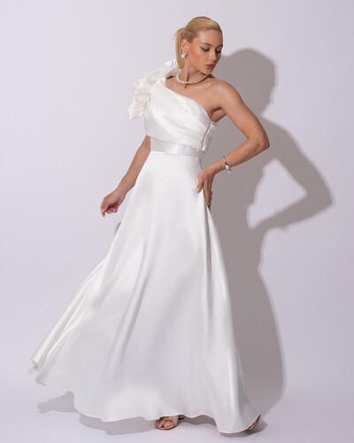 Foto Vestido de Festa Longo Zibeline um Ombro Só Flor Drapeado Branco