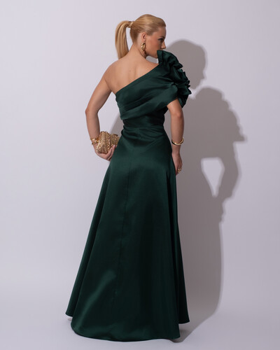 FotoVestido de Festa Longo Zibeline um Ombro Só Flor Drapeado Verde Escuro