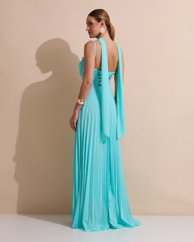 Foto Vestido de Festa Longo Crepe Chiffon Plissado Trançado e Lenço Tiffany