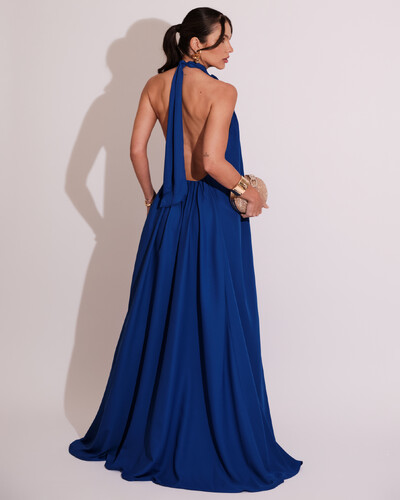 FotoVestido Longo Crepe Chiffon Frente Única Fluido Flor Removível Azul Royal