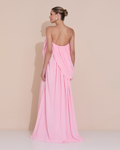 Foto Vestido de Festa Longo Tomara Que Caia Crepe Chiffon Drapeado Rosa Claro