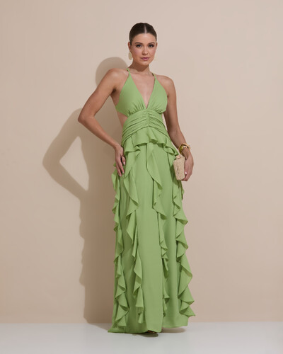 Foto Vestido de Festa Longo Decote V Recortes Drapeado Crepe Chiffon Babados Cascata Verde Garden