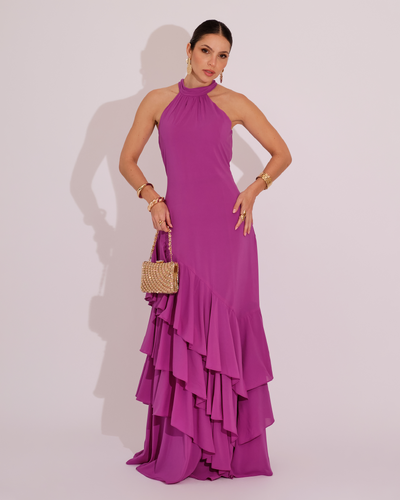 Foto Vestido de Festa Longo Decote Halter com Babados Fúcsia