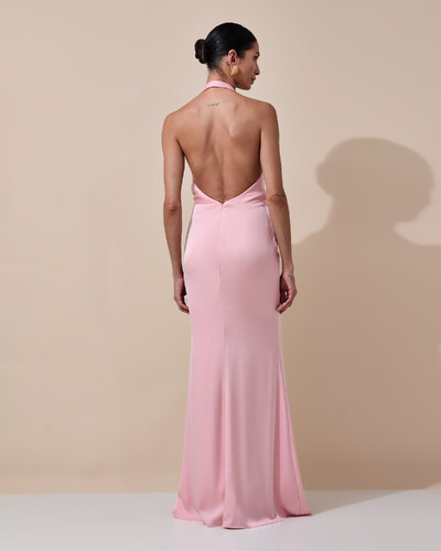 Foto Vestido de Festa Longo Frente Única Decote V Cetim Drapeado Faixa Rose Gold