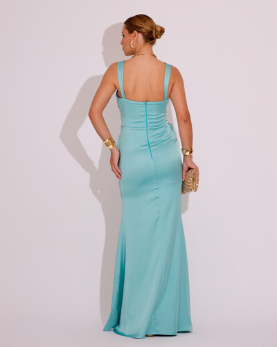 FotoVestido Longo de Festa Cetim Alfaiataria Drapeado Sereia Tiffany