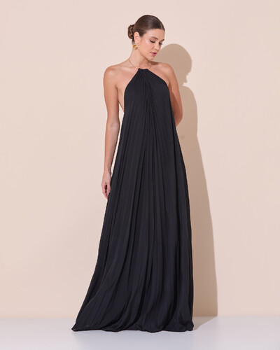Foto Vestido de Festa Longo Frente Única Plissado Crepe Chiffon Argola Preto