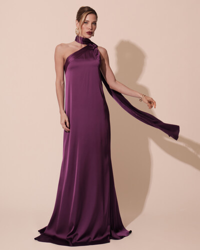 Foto Vestido de Festa Longo Cetim Fluido Um Ombro Só Roxo