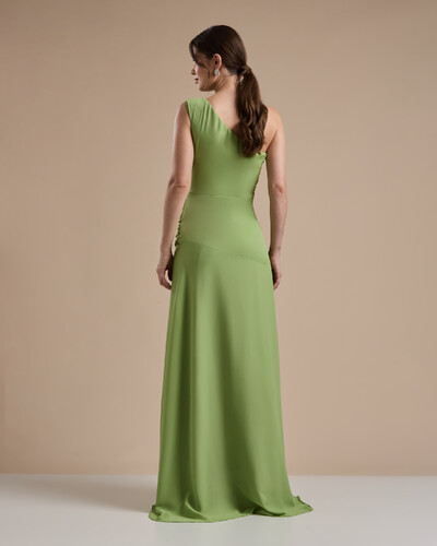 Foto Vestido de Festa Longo Crepe Chiffon Um Ombro Só Drapeado com Babado Cascata Verde Garden