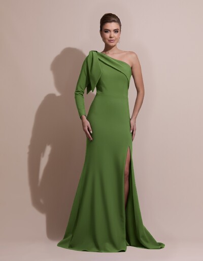 Foto Vestido de Festa com Laço de Um Ombro em Alfaiataria Fenda Verde Matcha