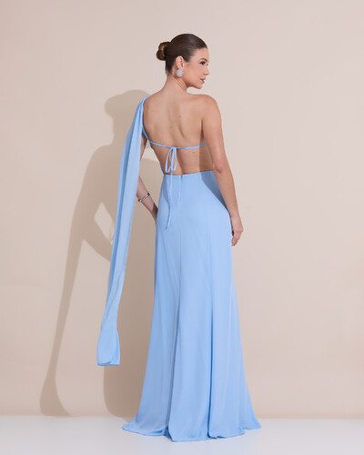 Foto Vestido de Festa Longo Um Ombro Só Crepe Chiffon Lenço Serenity