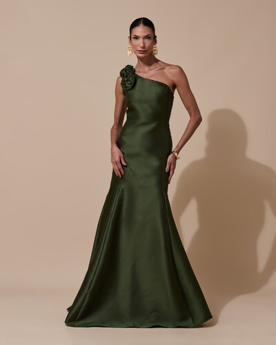 Foto Vestido de Festa Longo Zibeline um Ombro Só Flor Removível Saia Sereia Verde Oliva New
