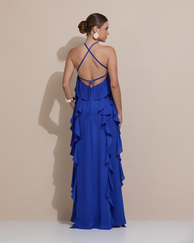 Foto Vestido de Festa Longo Crepe Chiffon Frente Única Babados Cascata e Flor Azul Royal