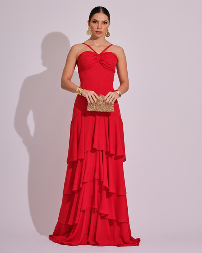 Foto Vestido Longo Frente Única em Crepe com Babados e Camadas Vermelho