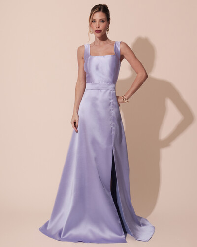 Foto Vestido de Festa Longo Zibeline com Fenda e Faixa Lilás