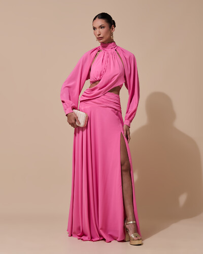 Foto Vestido de Festa Longo Gola Alta Crepe Chiffon Recortes Drapeado Manga Longa Fenda Rosa