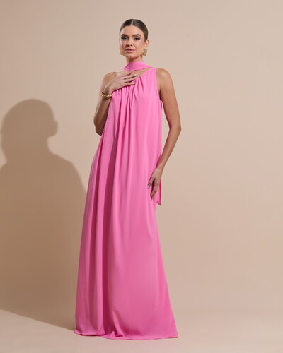 Foto Vestido de Fersta Longo Crepe Fluido um Ombro Só com Lenço Rosa