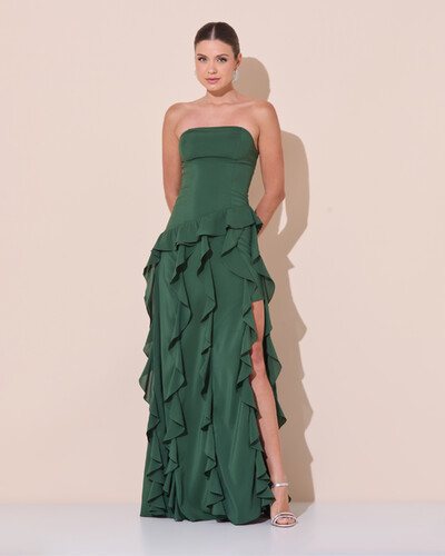 Foto Vestido de festa Longo Tomara que Caia Crepe Chiffon com Babados Cascata e Fenda Verde Escuro New