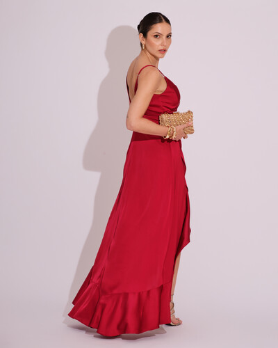 FotoVestido Midi Babado Acetinado Marsala
