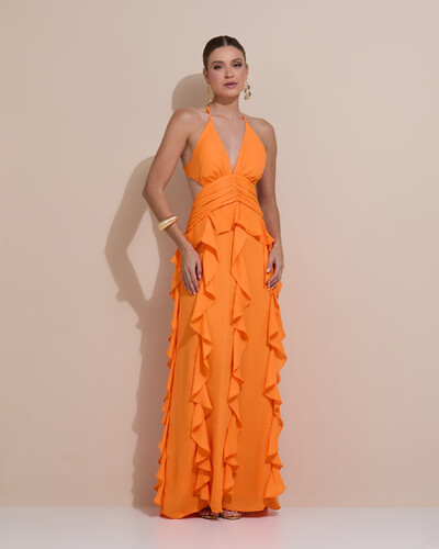 Foto Vestido de Festa Longo Decote V Recortes Drapeado Crepe Chiffon Babados Cascata Laranja