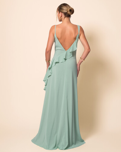 FotoVestido de Festa Longo Crepe Chiffon Degagê com Fenda e Babado Cascata Verde Menta
