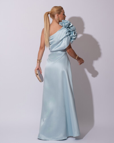 FotoVestido de Festa Longo Zibeline um Ombro Só Flor Drapeado Tiffany