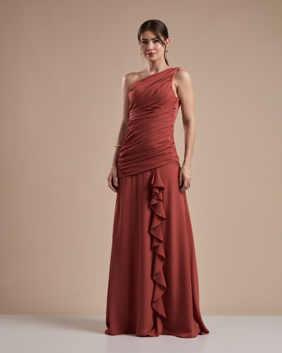 Foto Vestido de Festa Longo Crepe Chiffon Um Ombro Só Drapeado com Babado Terracota
