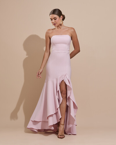 Foto Vestido Longo com Fenda de Babados Alfaiataria Rosa Claro