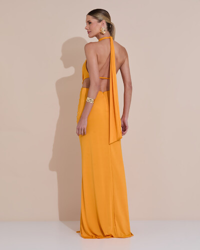 Foto Vestido de Festa Longo Malha Jersey Gola Alta Saia Sereia Laranja Manga New