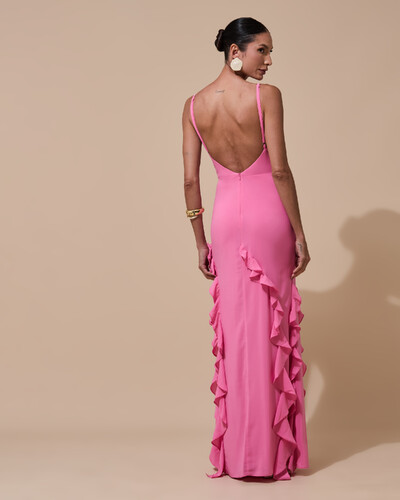 Foto Vestido de Festa Longo Alças Finas Crepe Chiffon Babado Cascata Fenda Costas V Rosa