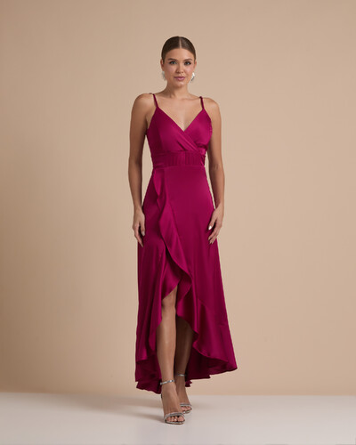 Foto Vestido Midi Babado Acetinado Beterraba