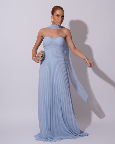 Foto Vestido de Festa Longo Tomara que Caia Grife Plissado com Lenço Serenity