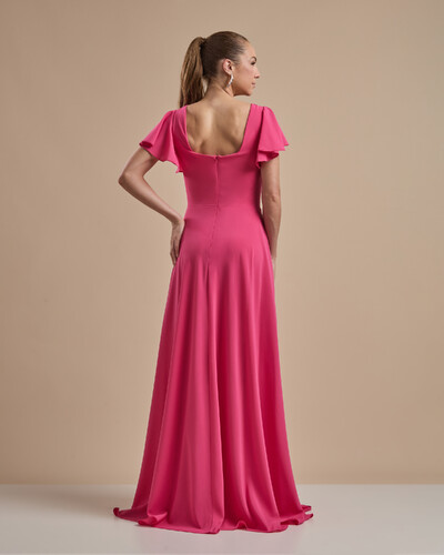 FotoVestido de Festa Longo Crepe Chiffon Manga Babado e Fenda Pink New