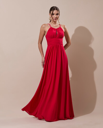 Foto Vestido de Festa Longo Crepe Chiffon Drapeado com Alças e Saia Fluida Vermelho