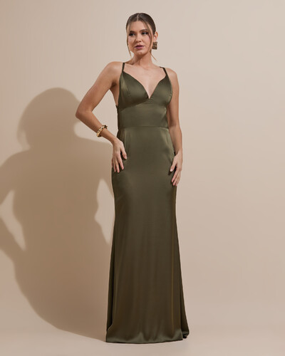 Foto Vestido de Festa Longo Costas Abertas Laço Cetim Decote V Verde Oliva