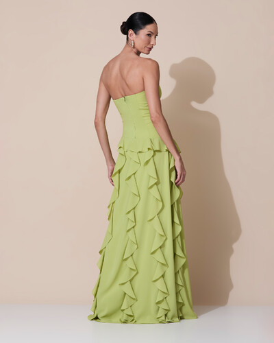 Foto Vestido de festa Longo Tomara que Caia Crepe Chiffon com Babados Cascata e Fenda Verde Claro
