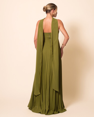 FotoVestido de Festa Longo Tomara que Caia Plissado com Lenço Verde Oliva New