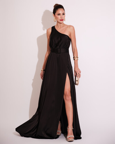 Foto Vestido Longo um Ombro com Busto Blousê e Fenda Preto