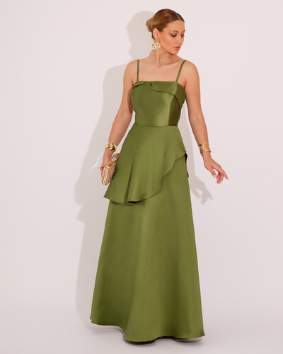 Foto Vestido de Festa Zibeline Tomara que Caia com Recortes e Camadas Verde Oliva