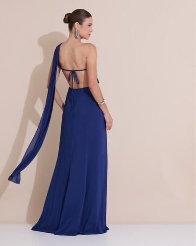 Foto Vestido de Festa Longo Um Ombro Só Crepe Chiffon Lenço Azul Marinho