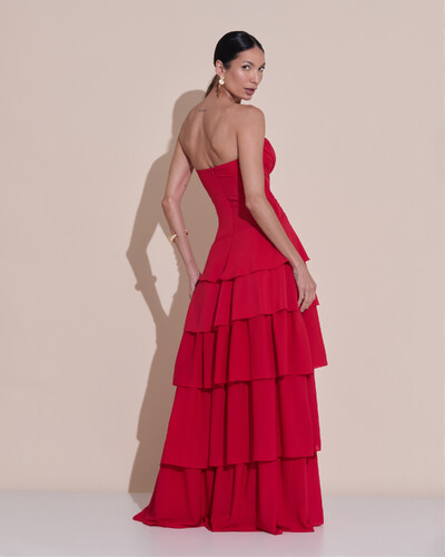 Foto Vestido de Festa Longo Tomara que Caia Drapeado Crepe Chiffon Babados Camadas Vermelho