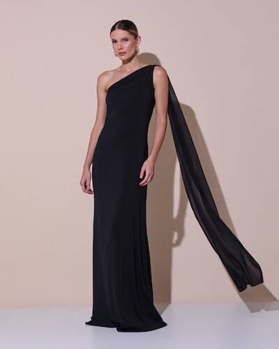 Foto Vestido de Festa Longo Crepe Chiffon Um Ombro Só Drapeado Preto