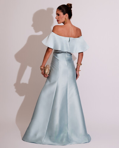 FotoVestido de Festa Longo Ombro a Ombro Zibeline com Babado Tiffany