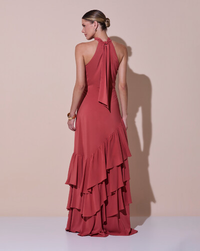 Foto Vestido de Festa Longo Chiffon Crepe Gola Alta Babados Terracota