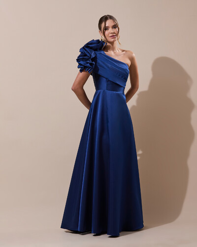 Foto Vestido de Festa Longo Zibeline um Ombro Só Flor Drapeado Azul Marinho