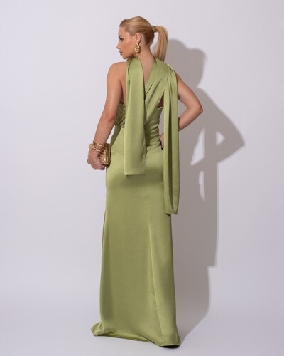 FotoVestido de Festa Longo Cetim Alfaiataria Tomara que Caia com Faixa Lenço Verde Pistache